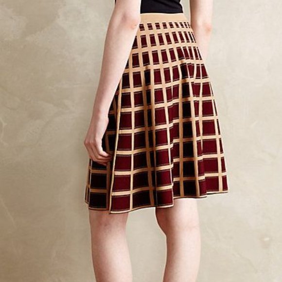 ANTHROPOLOGIE Windowpane Skater Skirt Sweater Knit Brown Tan Petite by Moth NEW - Picture 3 of 8
